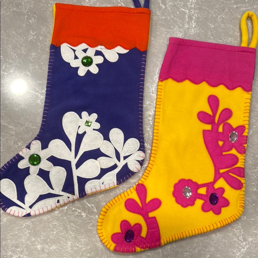 Old Navy Colorful Felt Christmas Stockings – Set of 2 Floral Appliqué